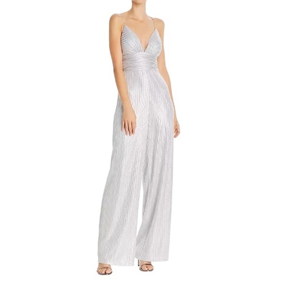 Jumpsuit Aidan By Aidan Mattox Metallic Knit Mermaid Dress Off The Shoulder Metallic Foiled Metallic Pleated